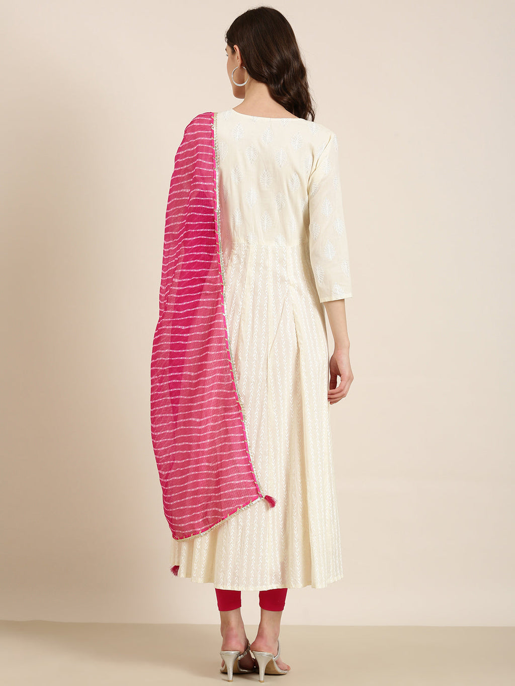 Women's Cream Floral Printed Beads Detail Anarkali Kurta