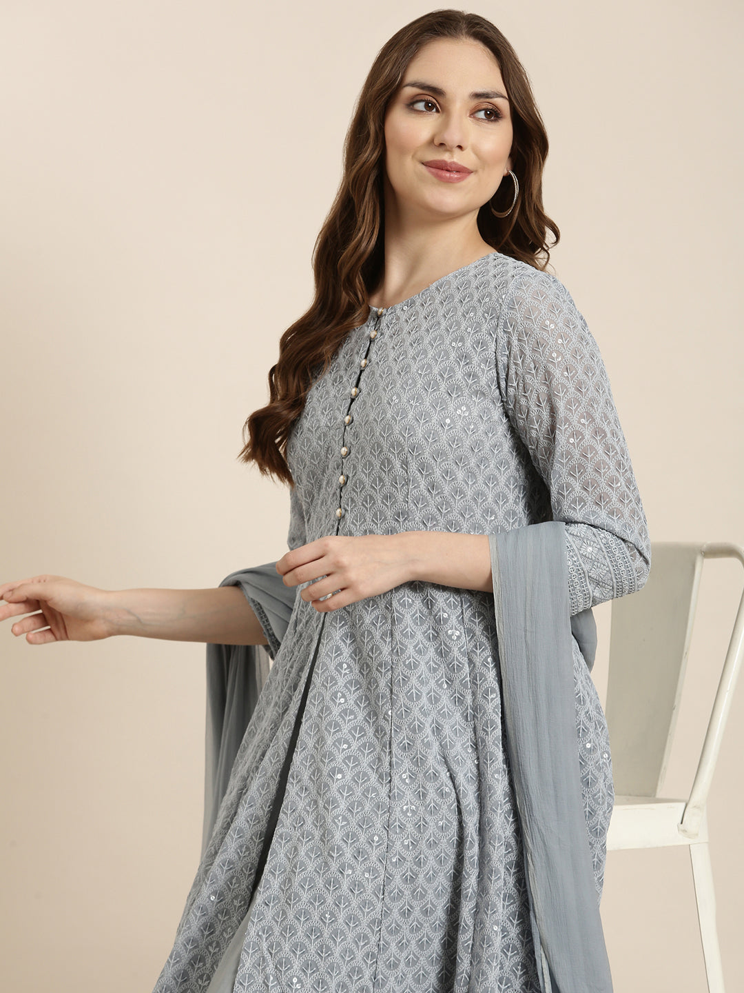 Women's Anarkali Grey Embellished Kurta Sets with Dupatta & Detachable Inner Lining