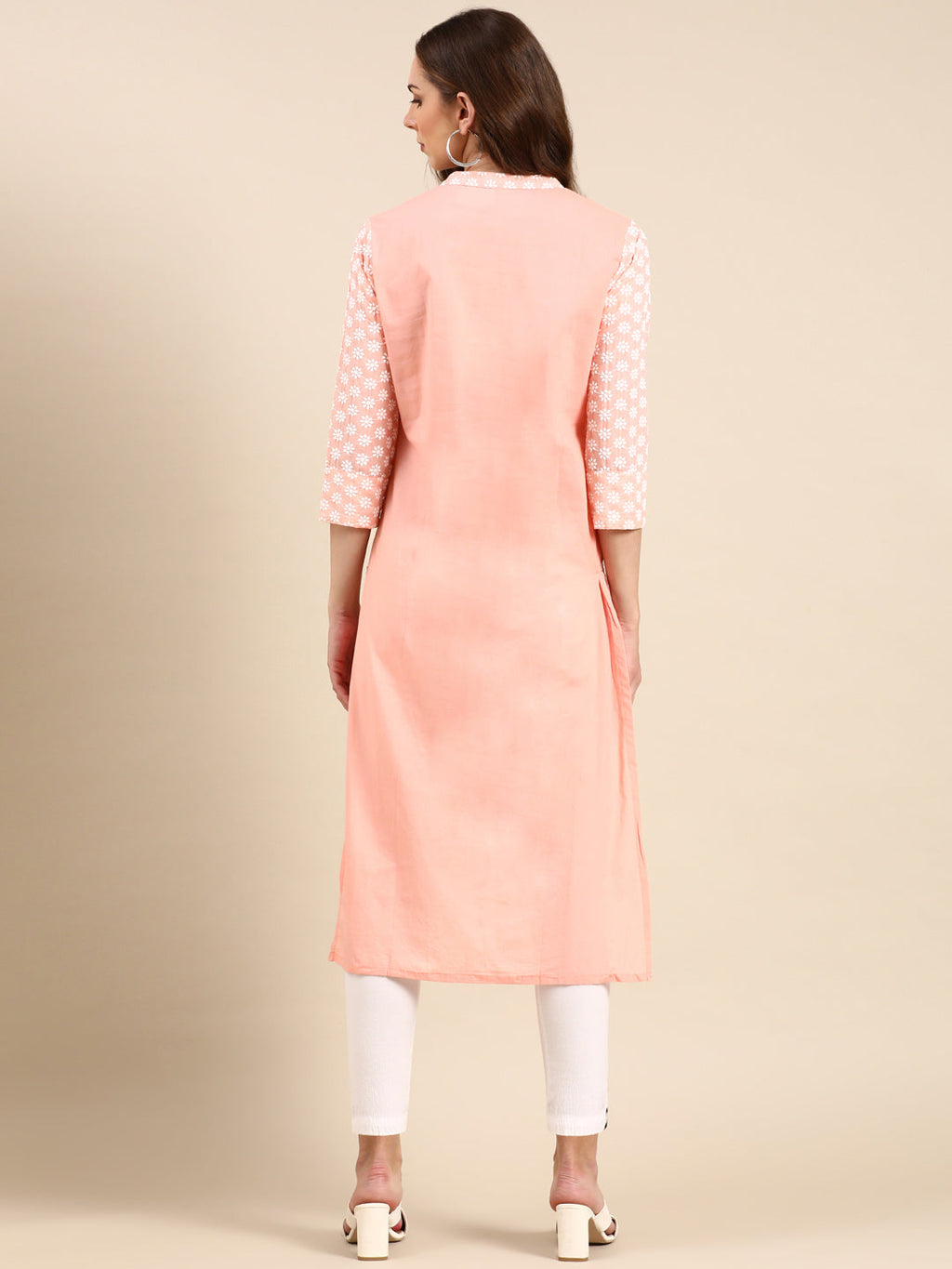Women's Peach Floral Embroidered Pastels Straight Kurta