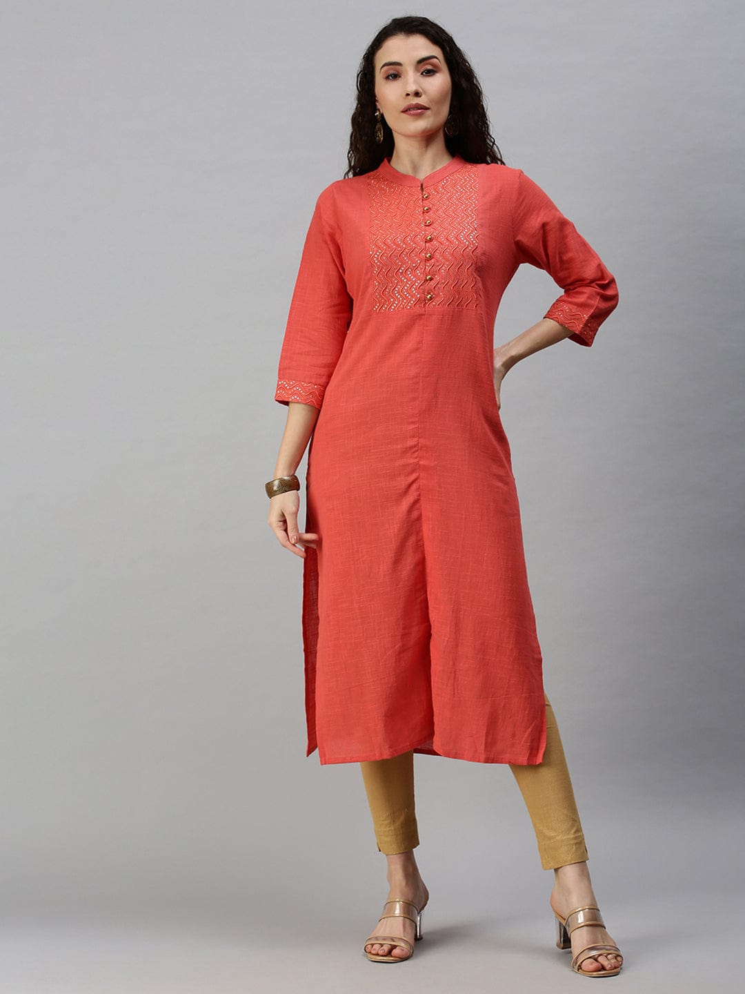 Women's Mandarin Collar Yoke Design Orange Straight Kurta