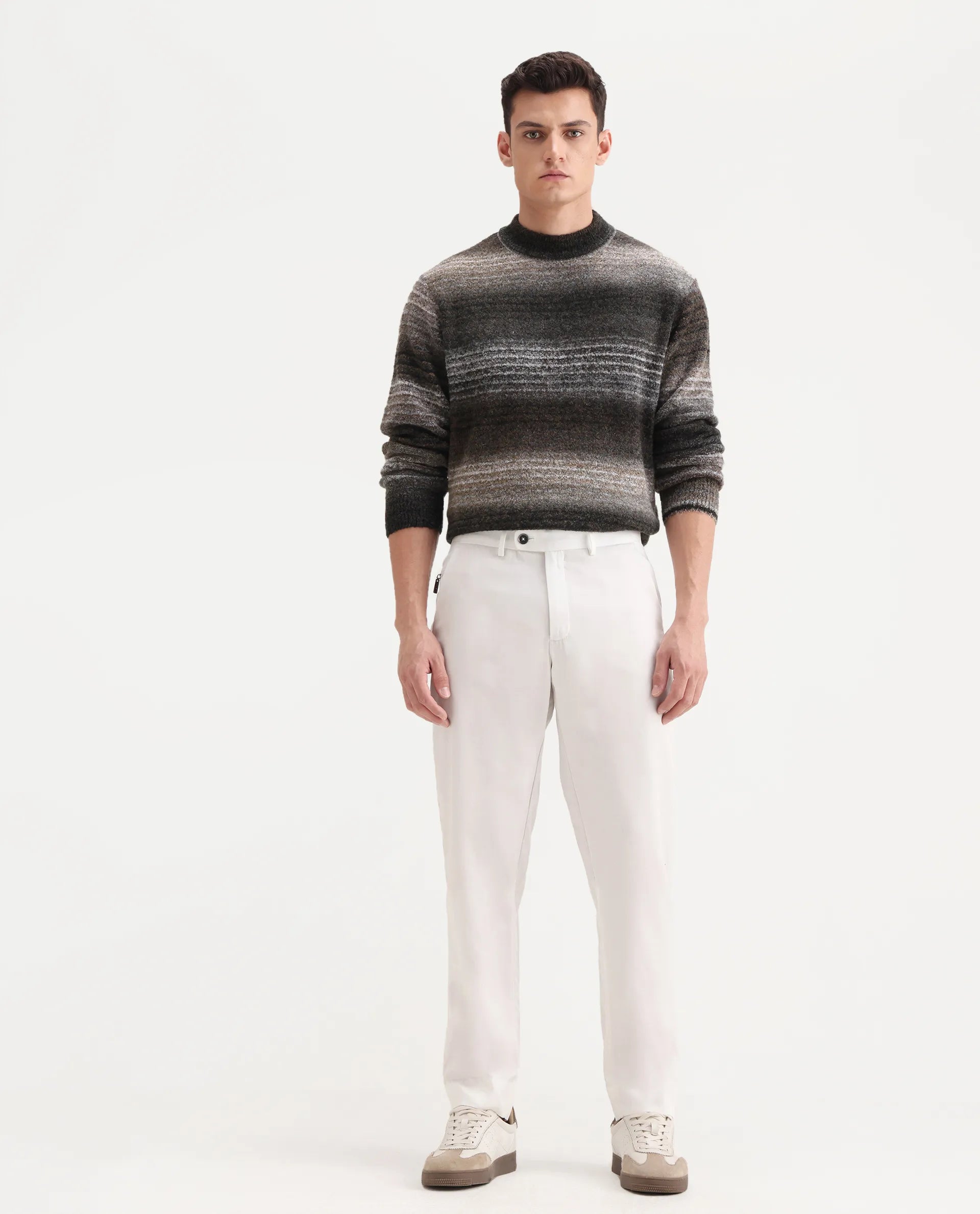 Rare Rabbit Men's Ugo White Cotton Blend Plain Regular Fit Trouser
