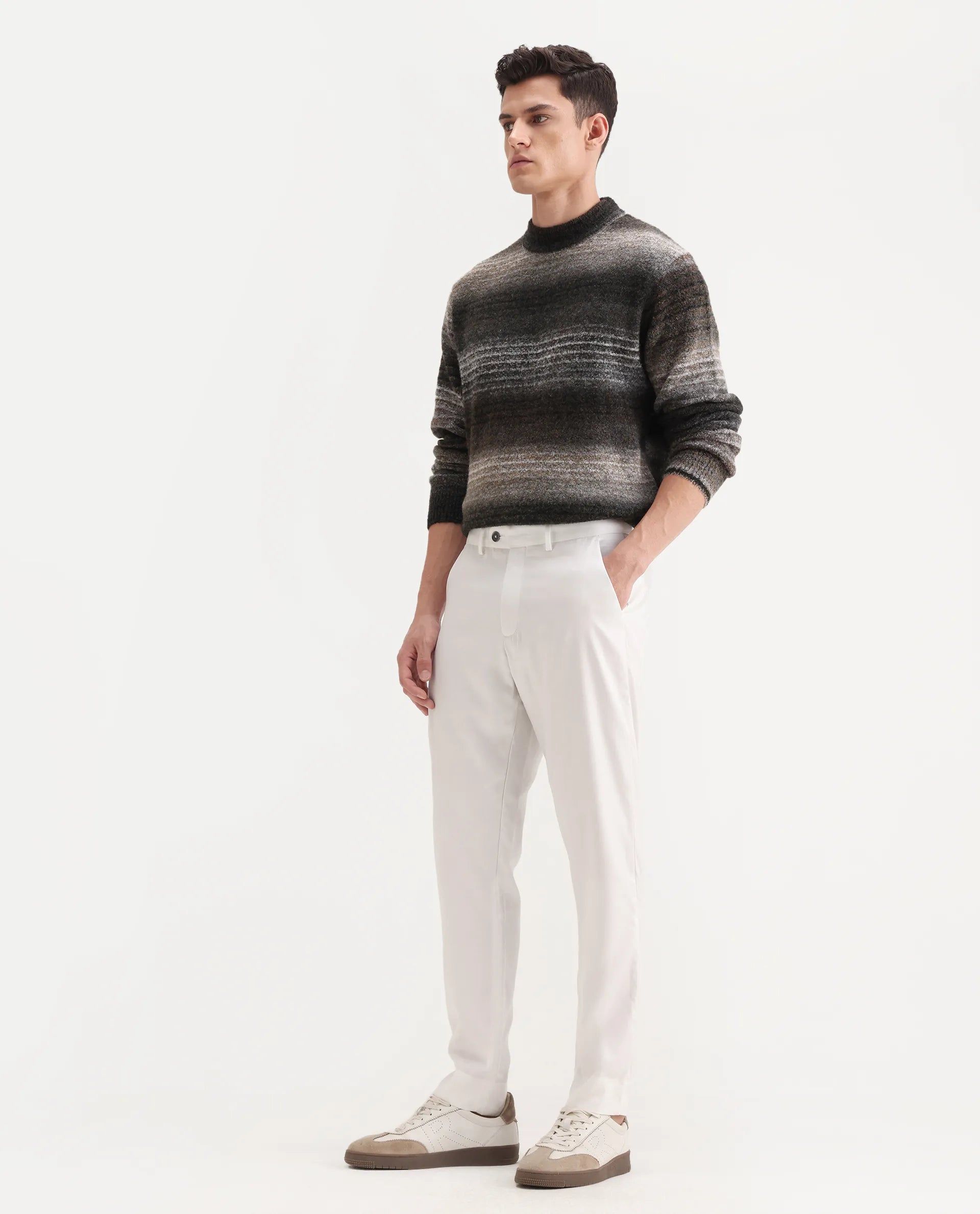 Rare Rabbit Men's Ugo White Cotton Blend Plain Regular Fit Trouser