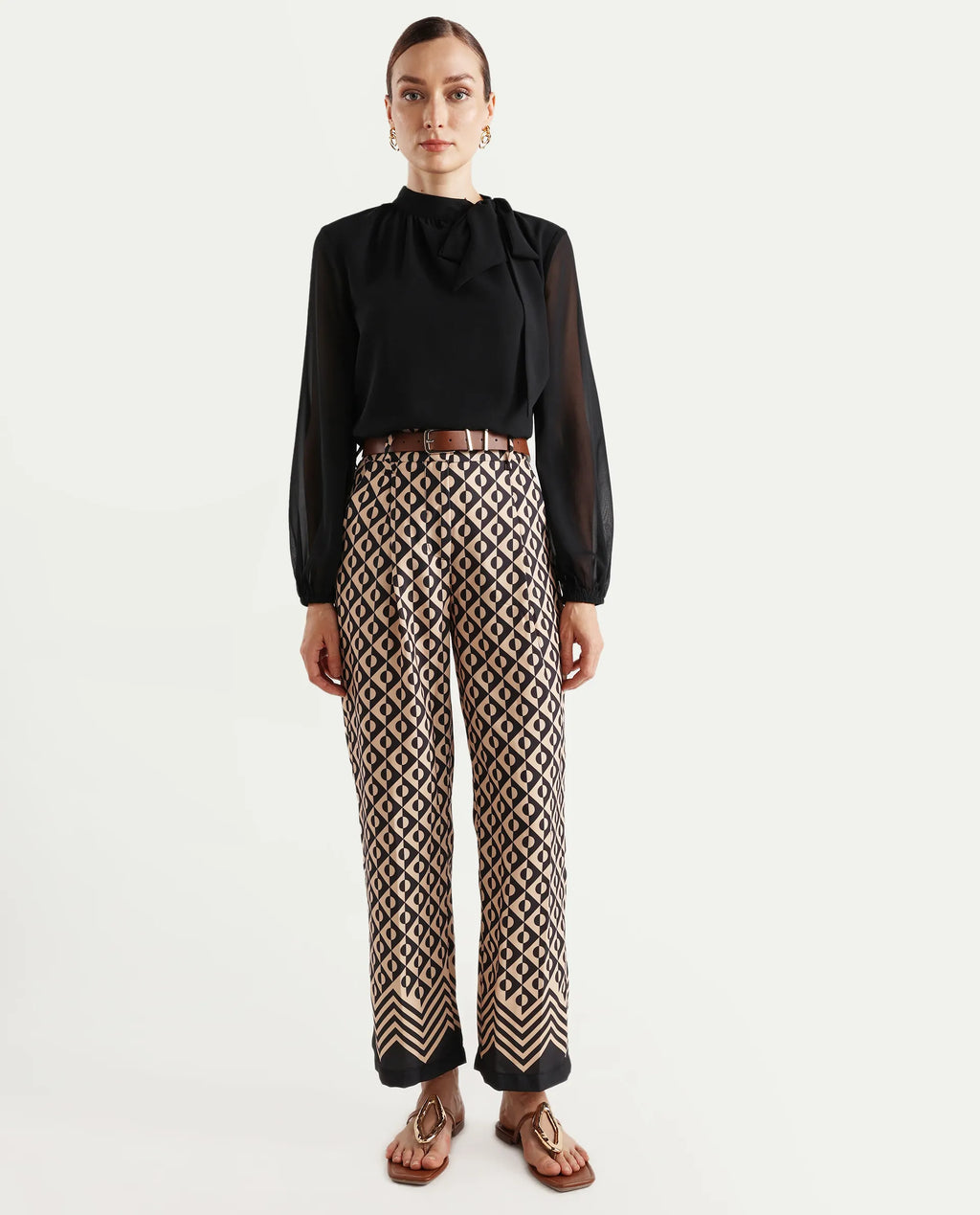 Rareism Women's Urapan Black Polyester Blend Geometric Print Ankle Length Straight Fit Trouser