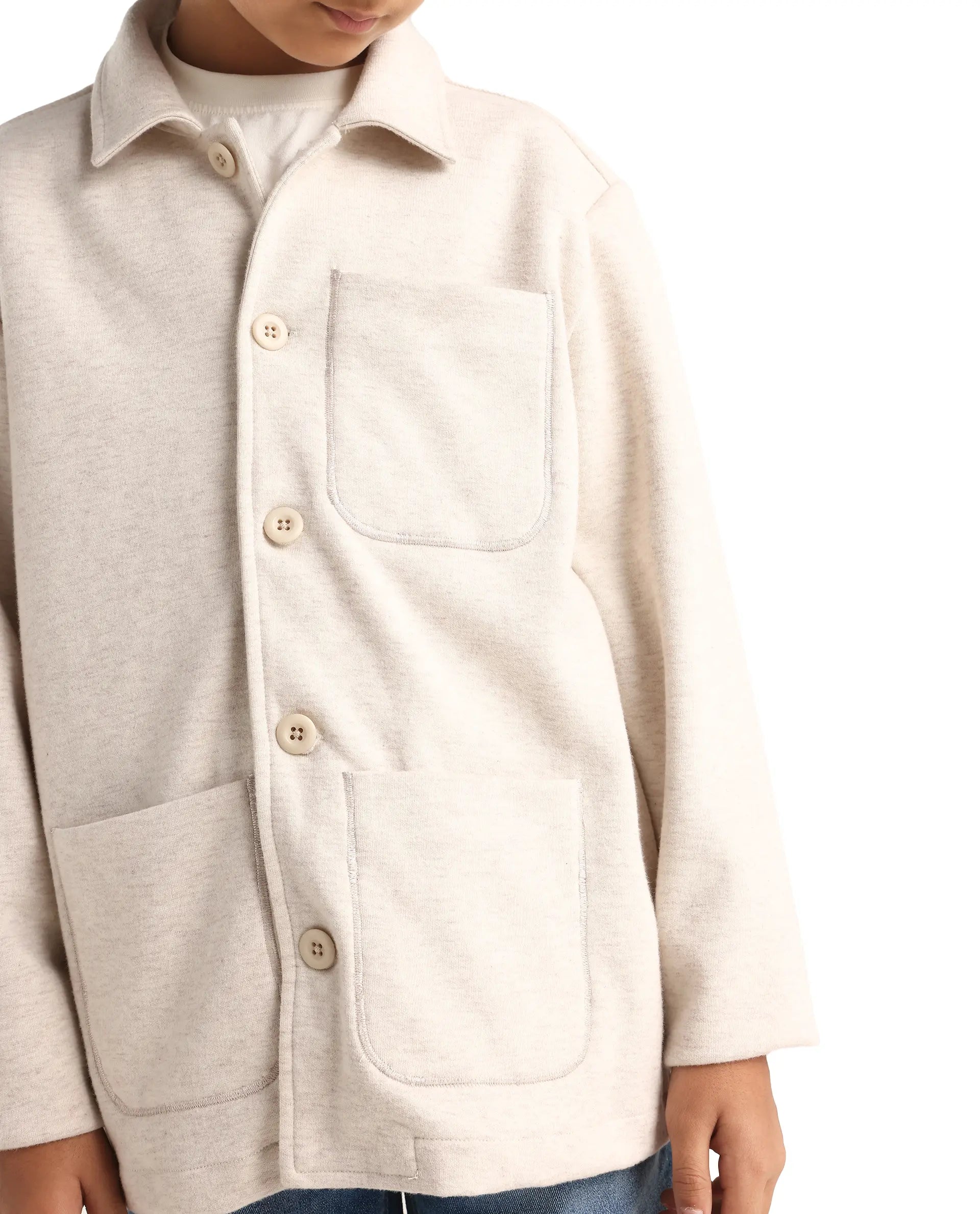 Rare Ones Kids Van-K Beige Cotton Blend Button Closure Flat Collar Plain Full Sleeves Regular Fit Jacket