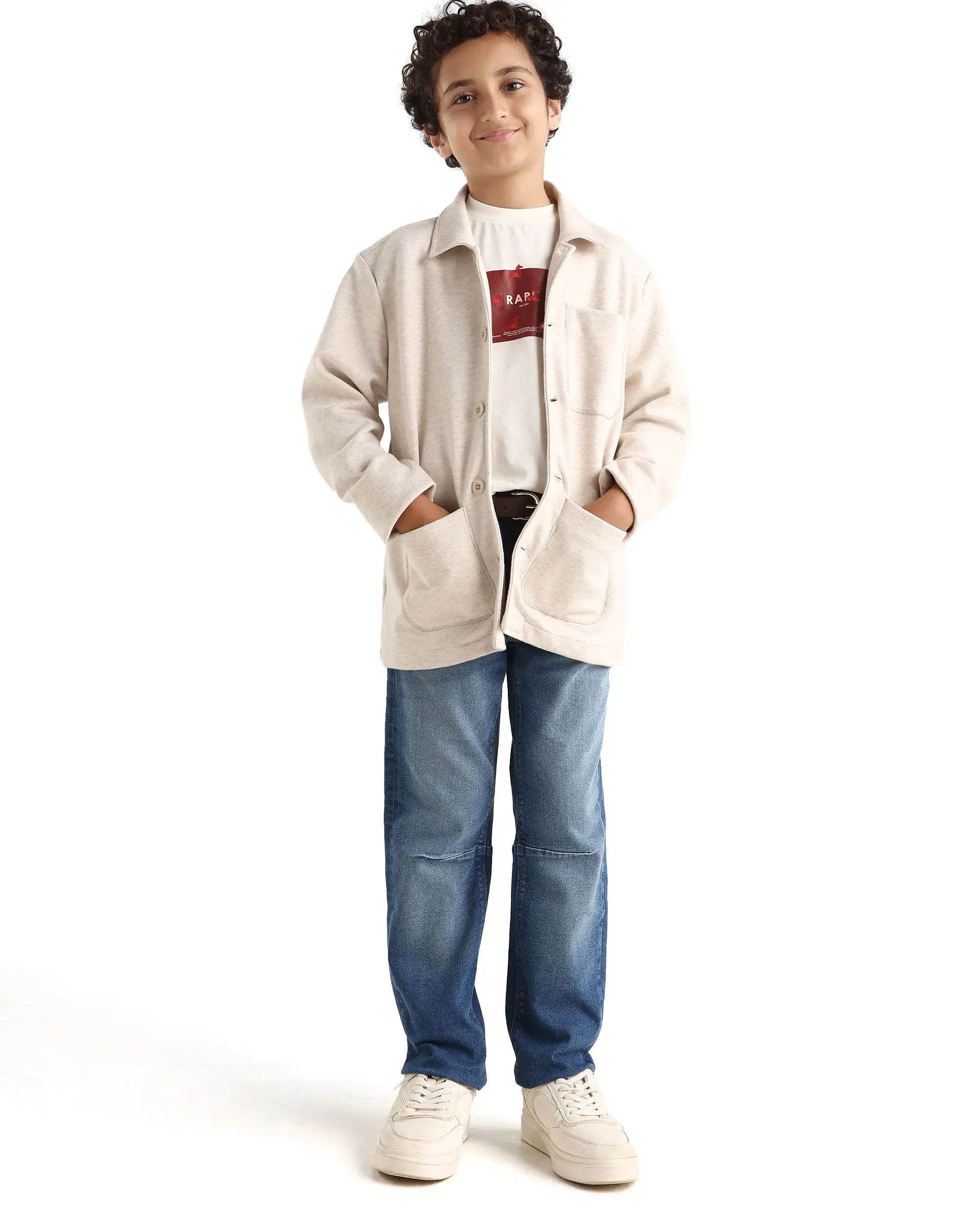 Rare Ones Kids Van-K Beige Cotton Blend Button Closure Flat Collar Plain Full Sleeves Regular Fit Jacket