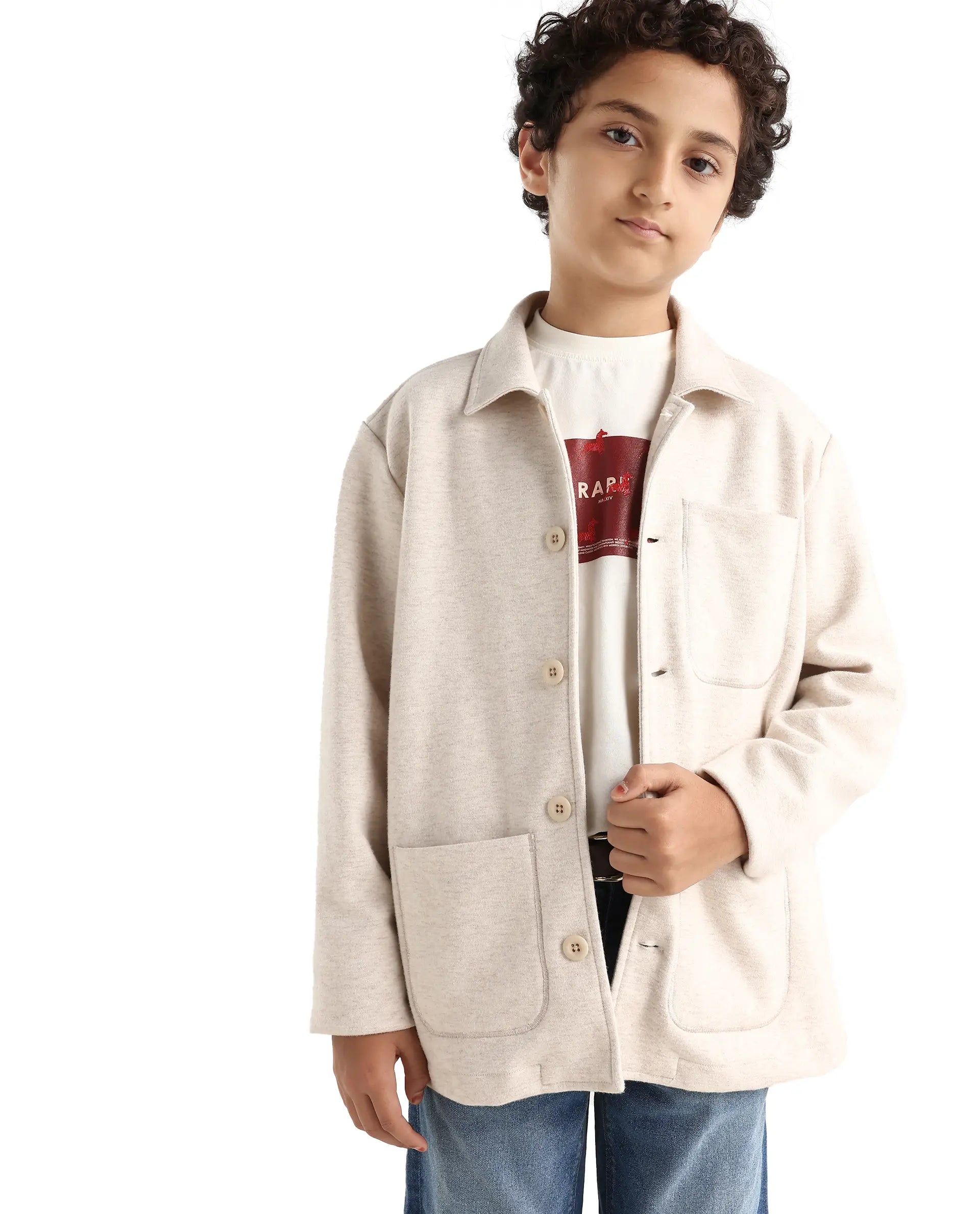 Rare Ones Kids Van-K Beige Cotton Blend Button Closure Flat Collar Plain Full Sleeves Regular Fit Jacket
