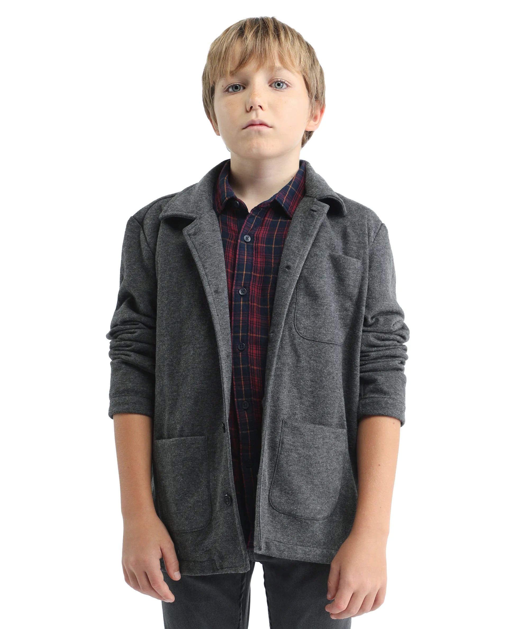 Rare Ones Kids Van-K Grey Cotton Blend Button Closure Flat Collar Plain Full Sleeves Regular Fit Jacket