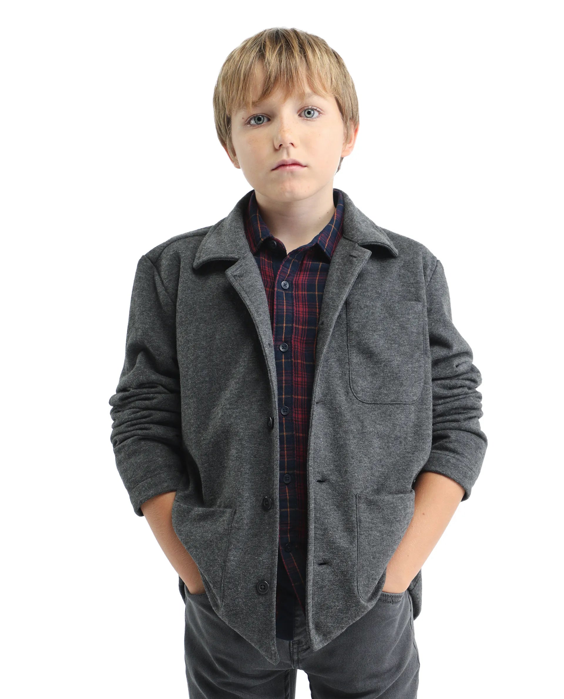Rare Ones Kids Van-K Grey Cotton Blend Button Closure Flat Collar Plain Full Sleeves Regular Fit Jacket