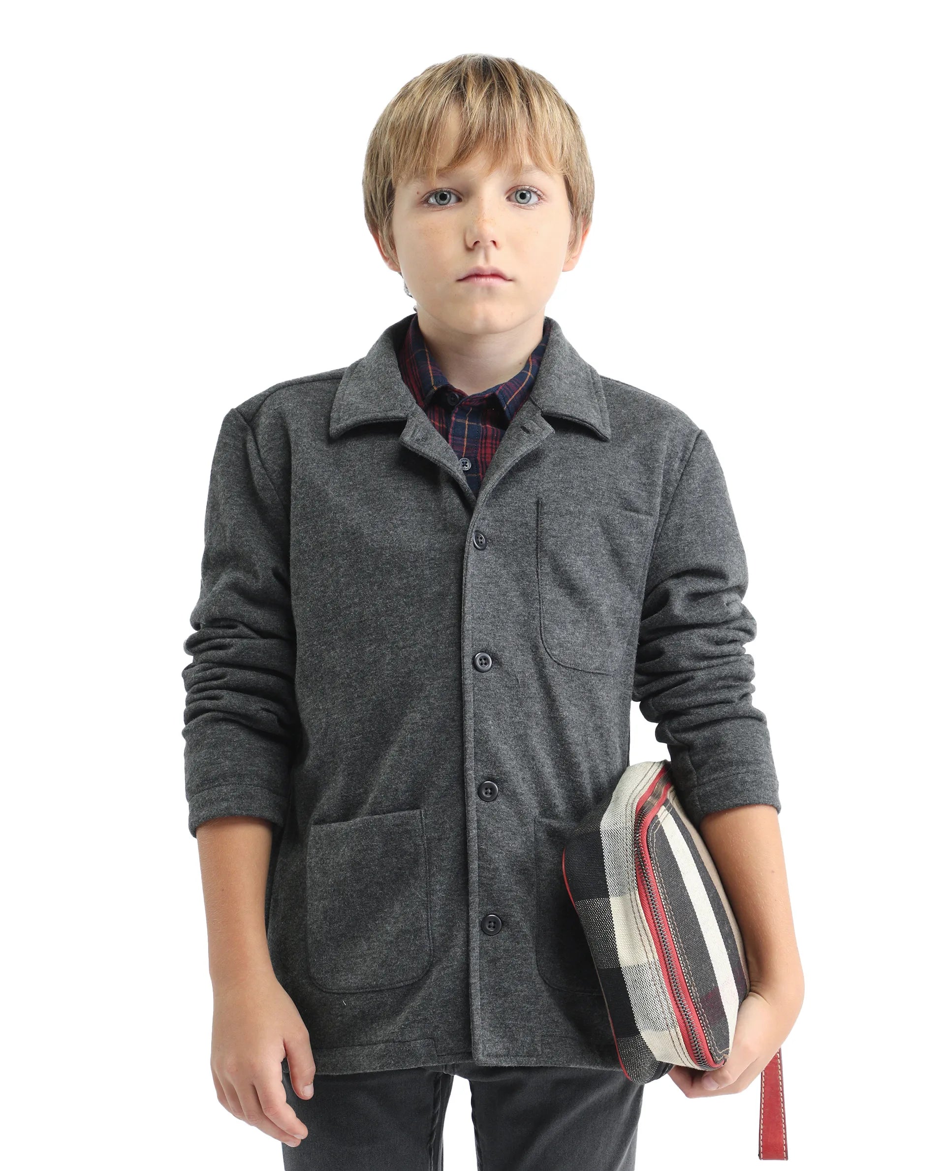 Rare Ones Kids Van-K Grey Cotton Blend Button Closure Flat Collar Plain Full Sleeves Regular Fit Jacket