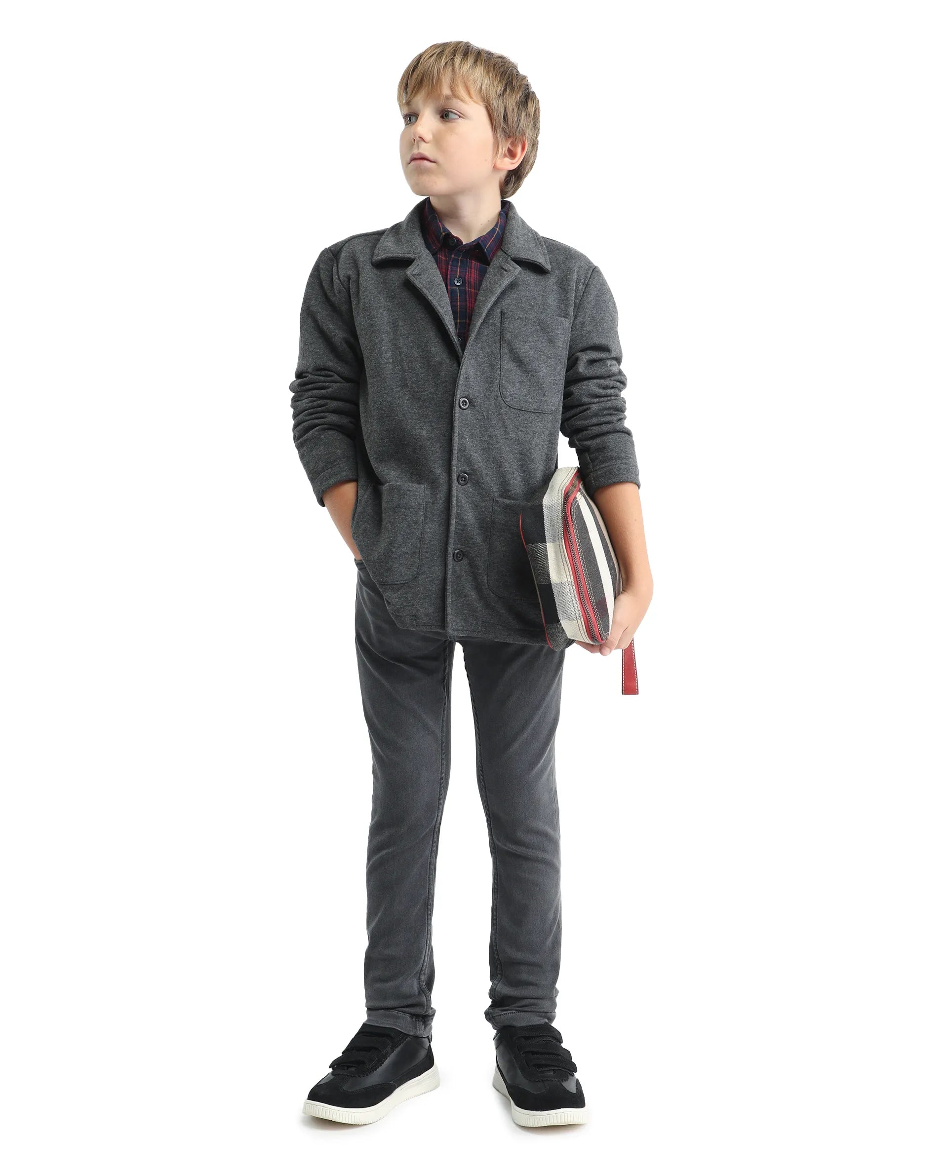 Rare Ones Kids Van-K Grey Cotton Blend Button Closure Flat Collar Plain Full Sleeves Regular Fit Jacket