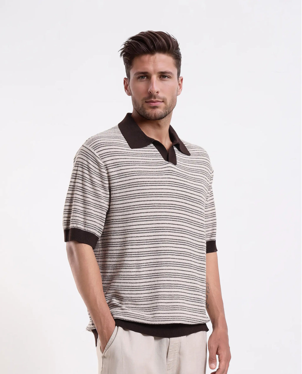 Rare Rabbit Men's Trin Brown Cotton Plain Regular Fit Half Sleeve Polo
