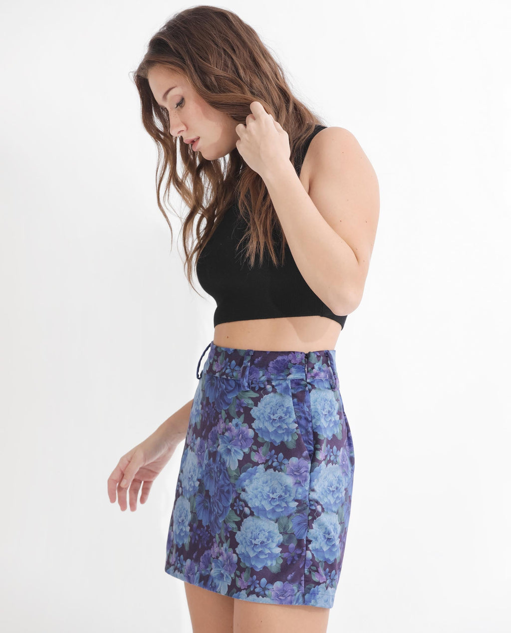 Rareism Women's Velsko Black Velvet Floral Print Mini Slim Fit Skirt