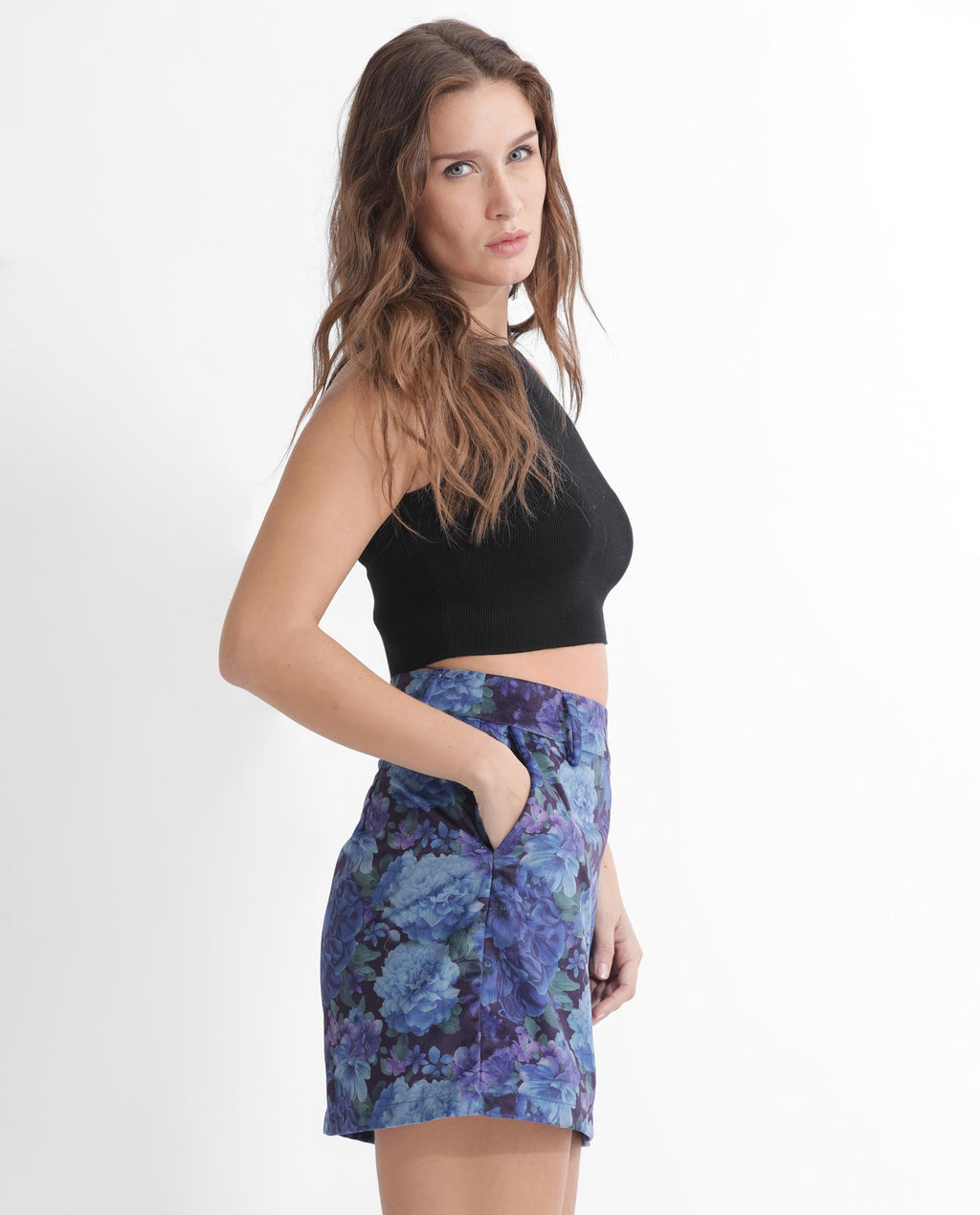 Rareism Women's Velsko Black Velvet Floral Print Mini Slim Fit Skirt