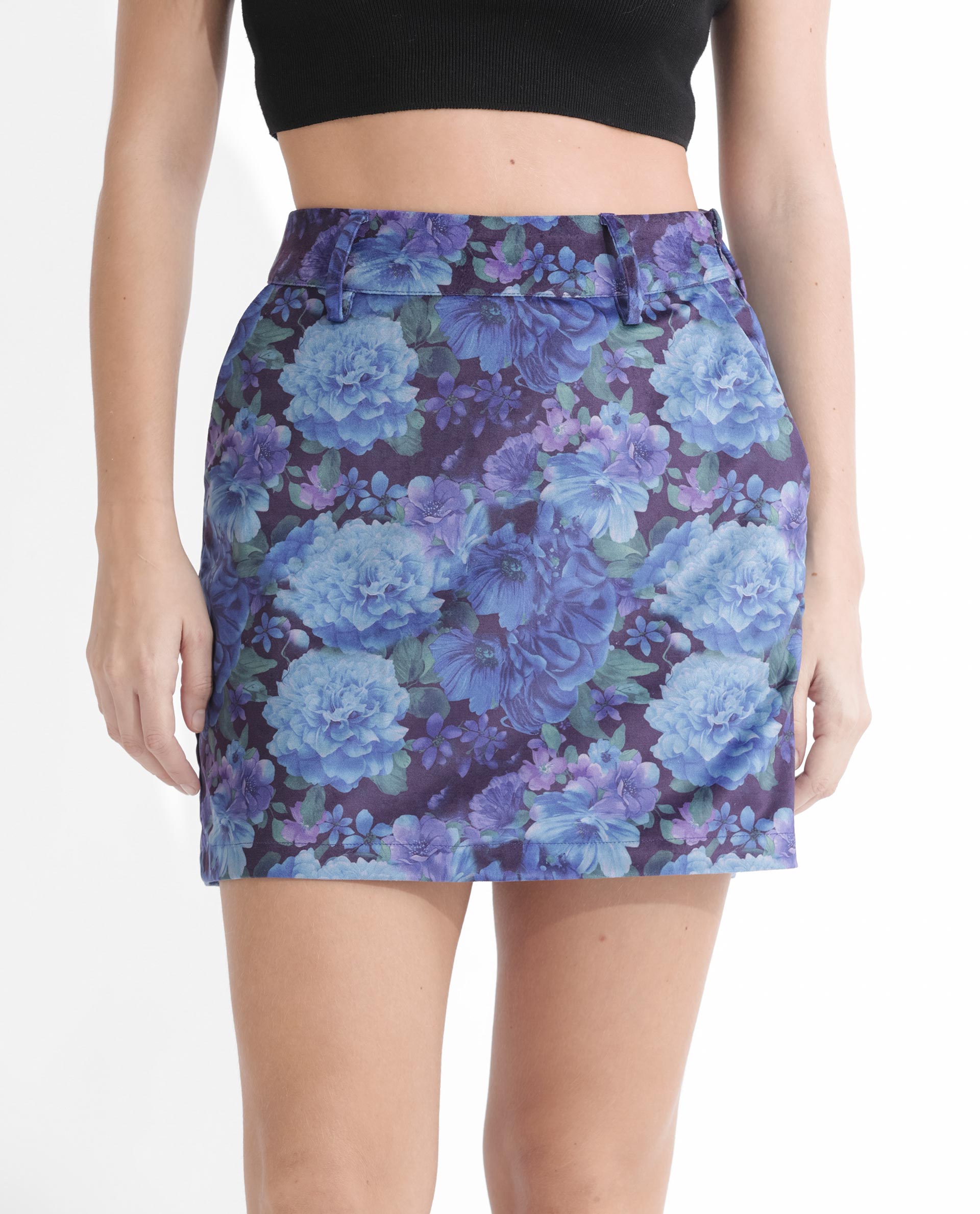 Rareism Women's Velsko Black Velvet Floral Print Mini Slim Fit Skirt