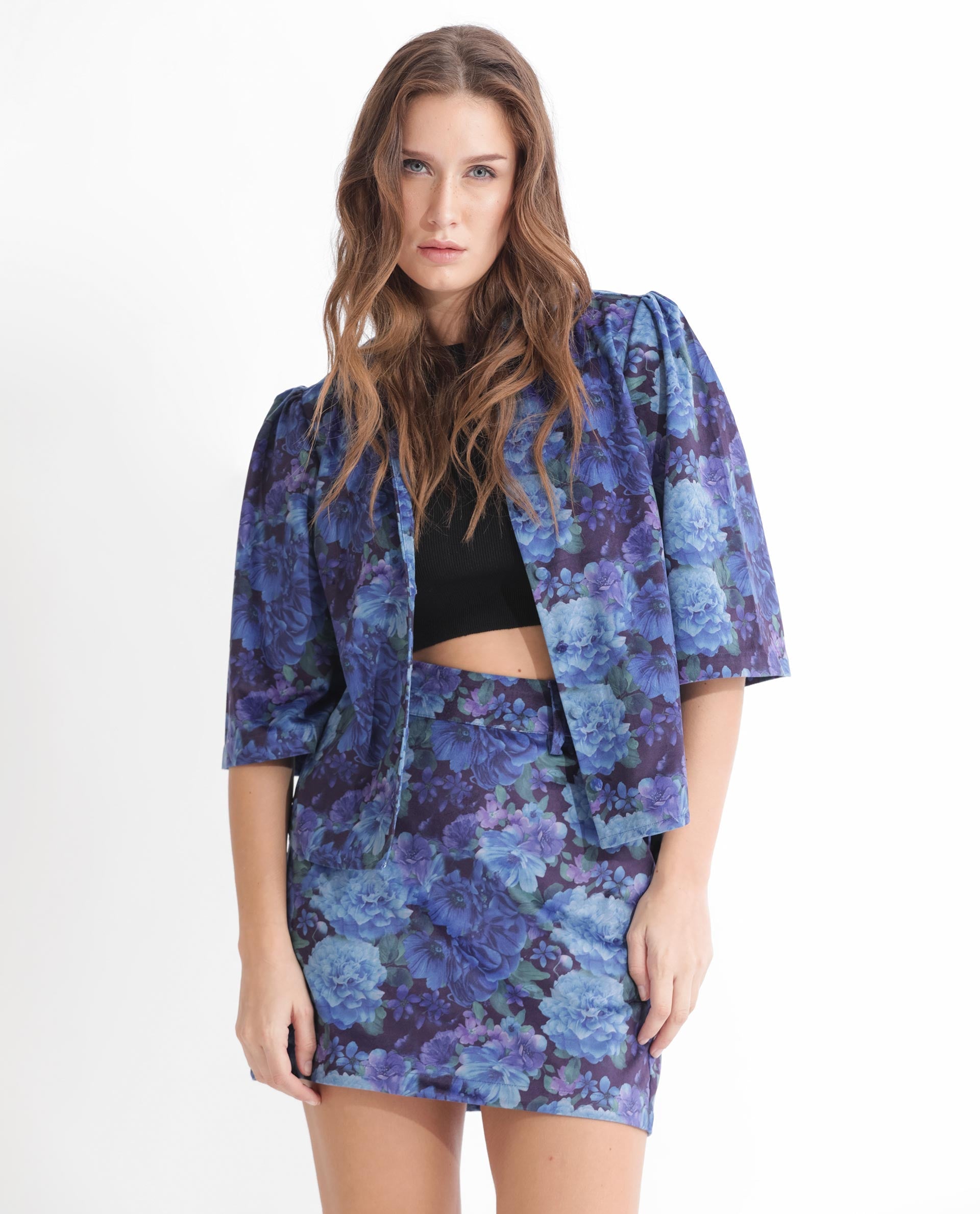 Rareism Women's Velsko Black Velvet Floral Print Mini Slim Fit Skirt