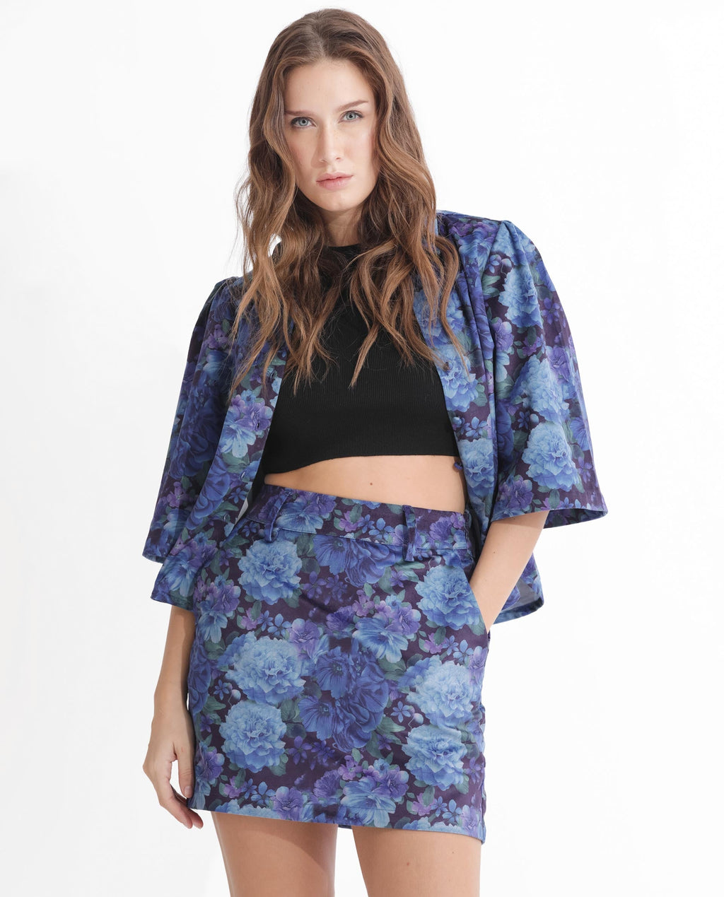 Rareism Women's Velsko Black Velvet Floral Print Mini Slim Fit Skirt