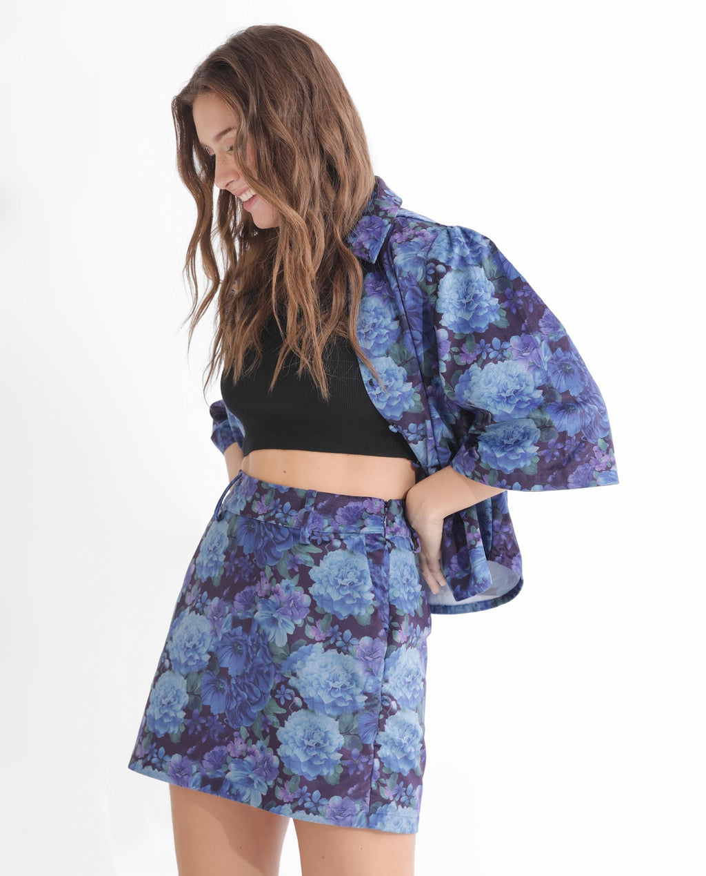 Rareism Women's Velsko Black Velvet Floral Print Mini Slim Fit Skirt