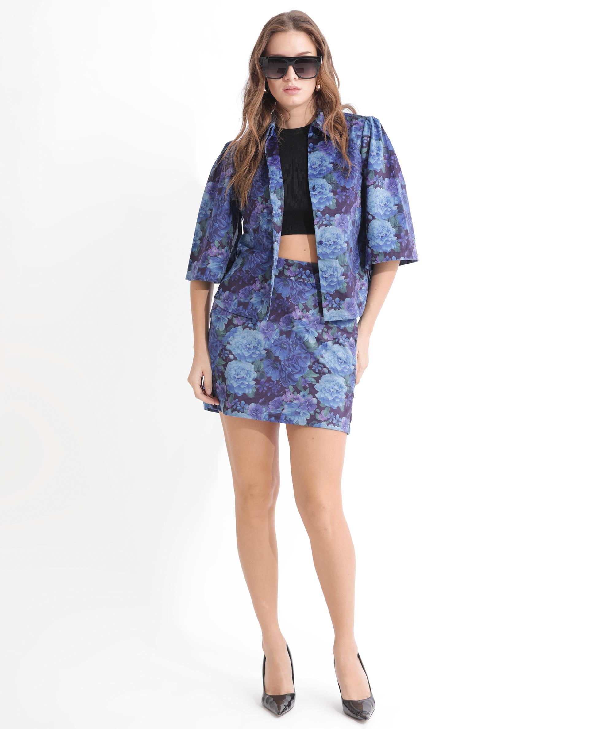Rareism Women's Velto Black Velvet Spread Collar Floral Print Boxy Fit Top