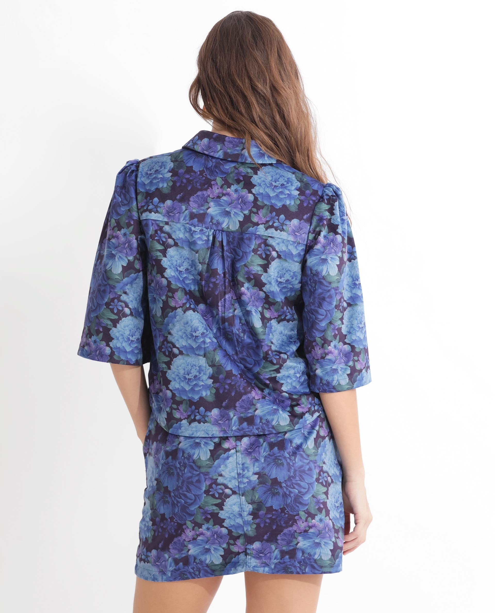 Rareism Women's Velto Black Velvet Spread Collar Floral Print Boxy Fit Top