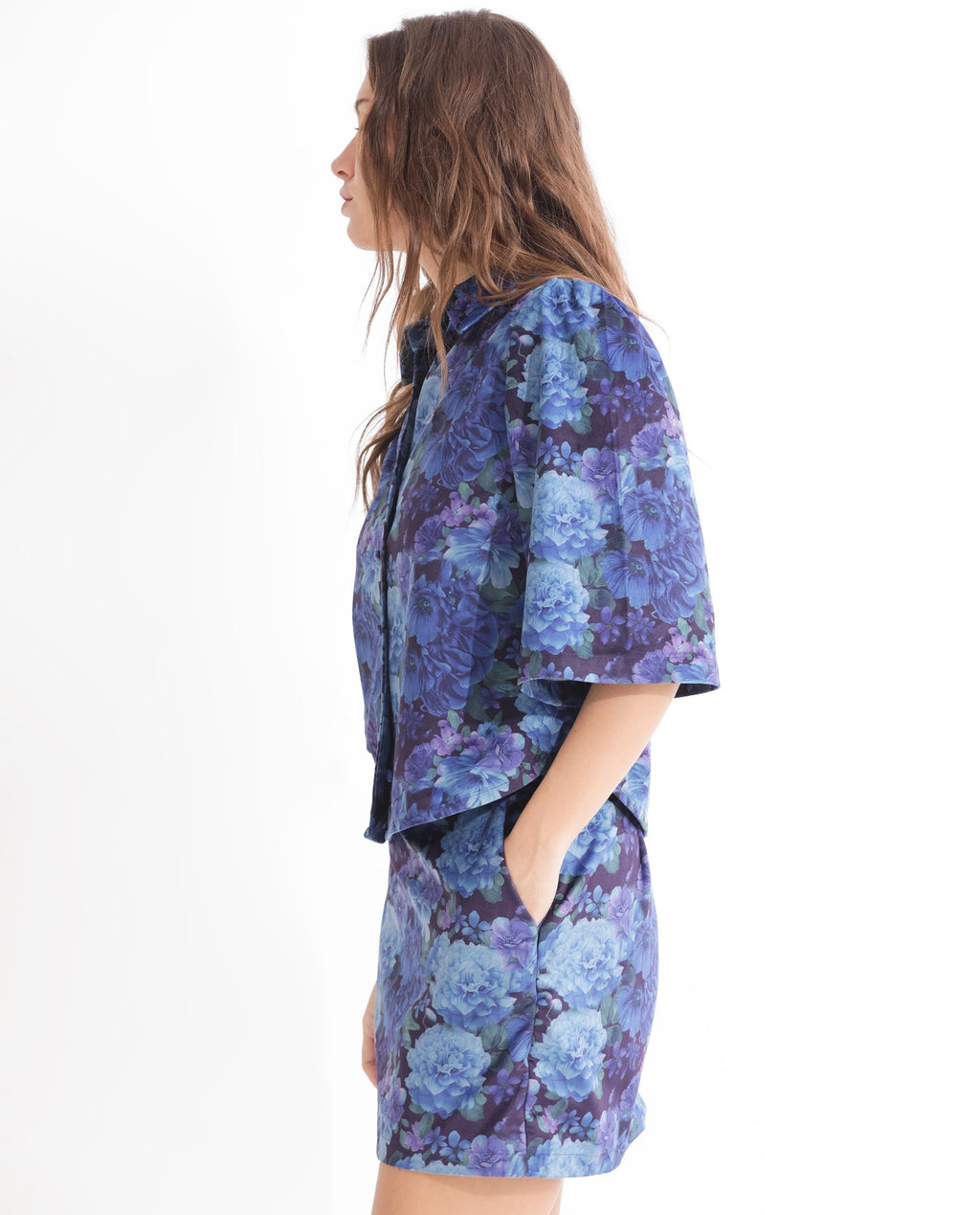Rareism Women's Velto Black Velvet Spread Collar Floral Print Boxy Fit Top