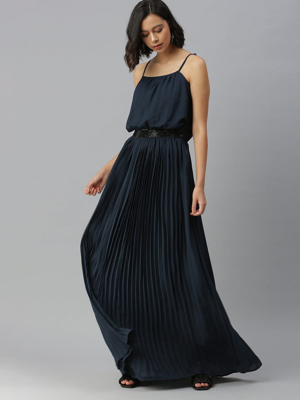Women's Shoulder Straps Embellished Maxi Navy Blue Dress