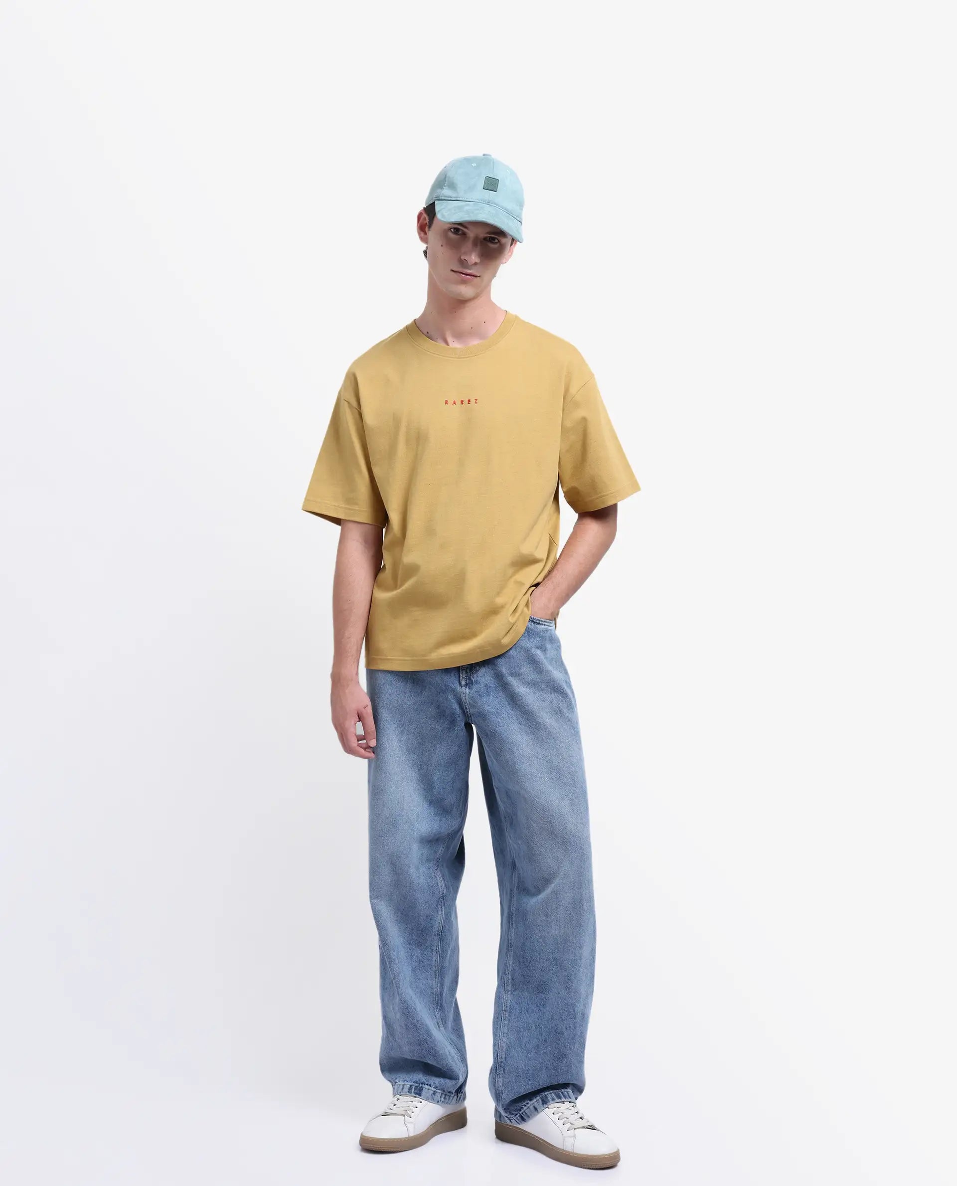 Rare Rabbit Men's Voiz Dusky Mustard Cotton Graphic Print Oversized Fit Half Sleeve Crew Neck T-Shirt