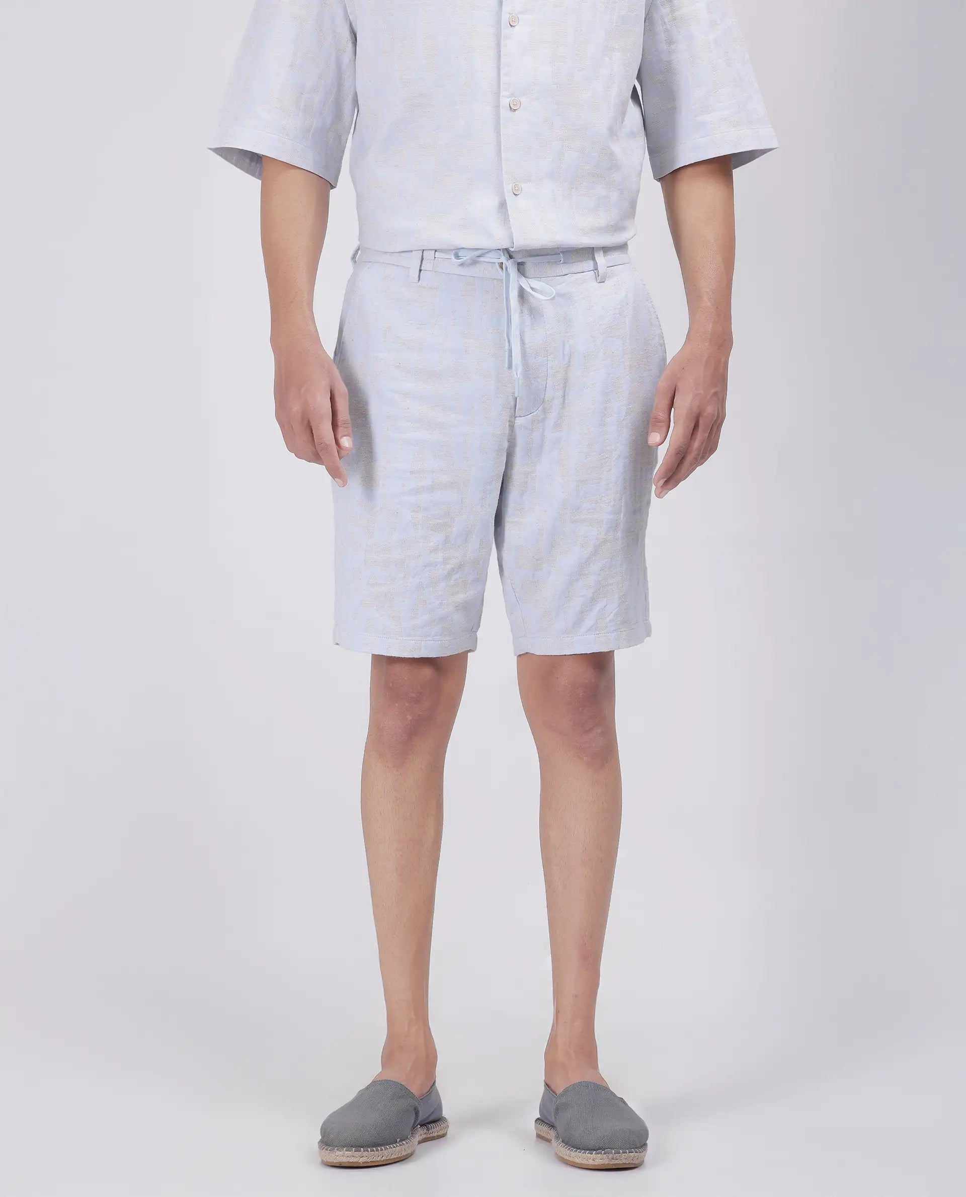 Rare Rabbit Men's Welks Pastel Blue Cotton Blend Jacquard Relaxed Fit Shorts