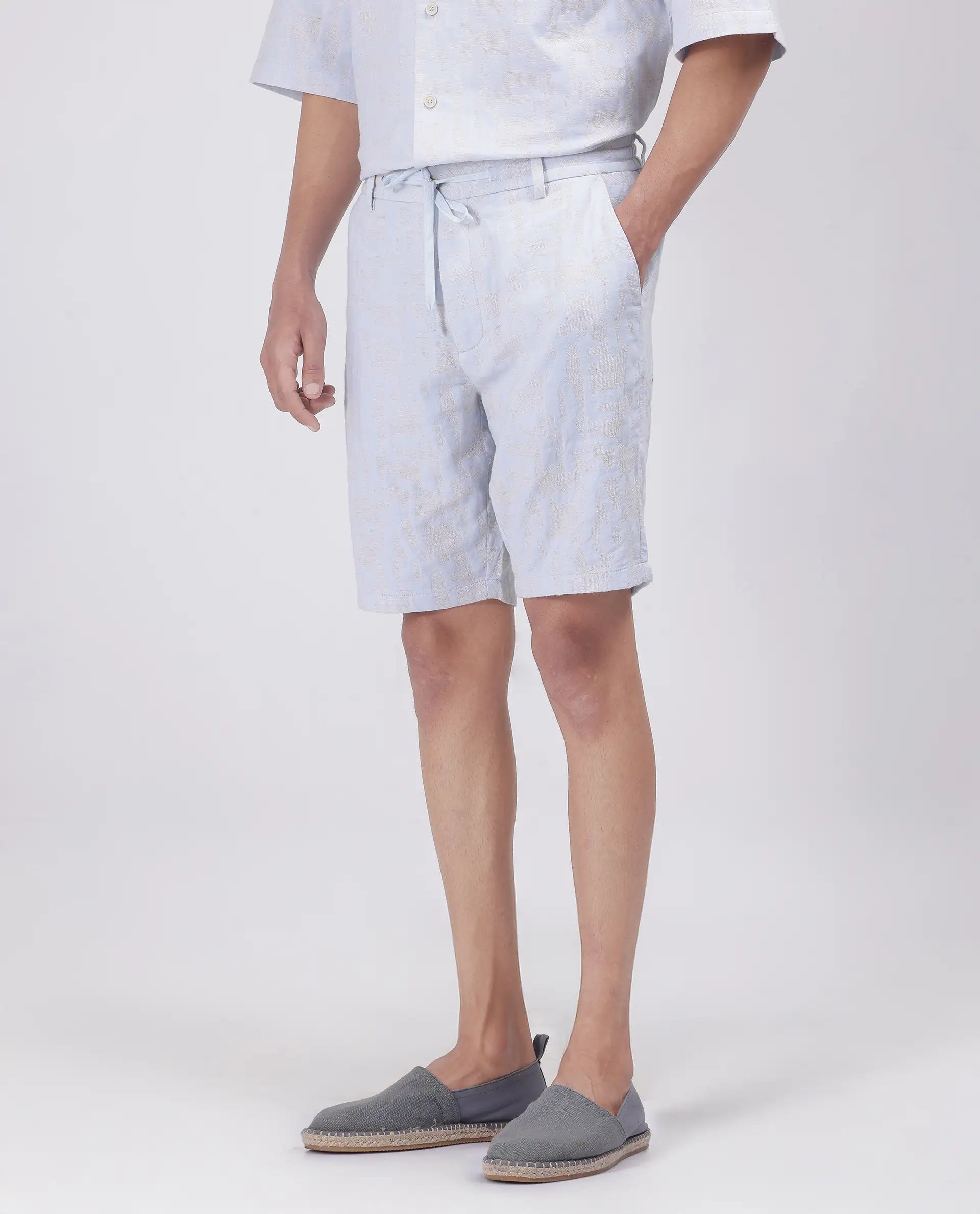 Rare Rabbit Men's Welks Pastel Blue Cotton Blend Jacquard Relaxed Fit Shorts