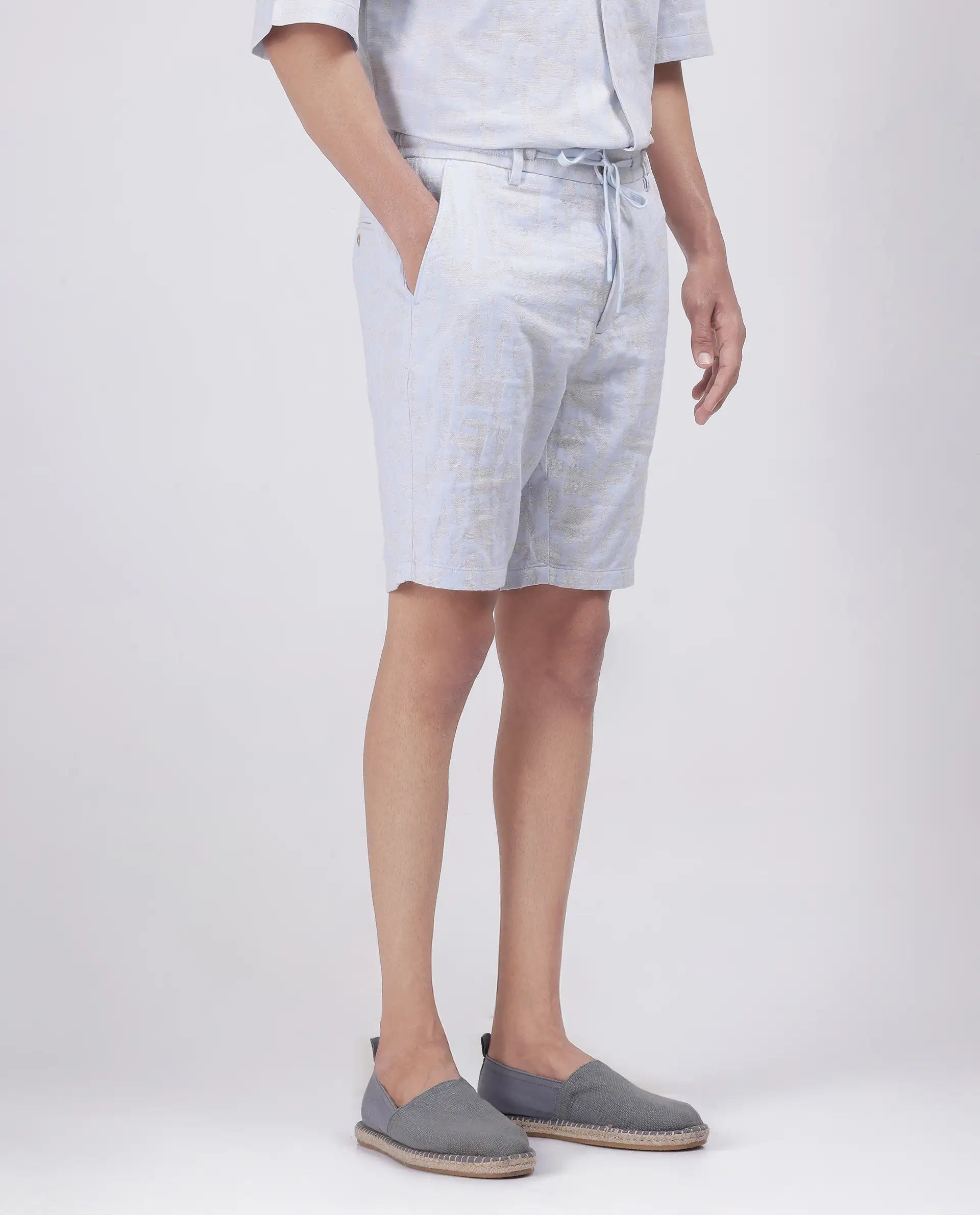 Rare Rabbit Men's Welks Pastel Blue Cotton Blend Jacquard Relaxed Fit Shorts
