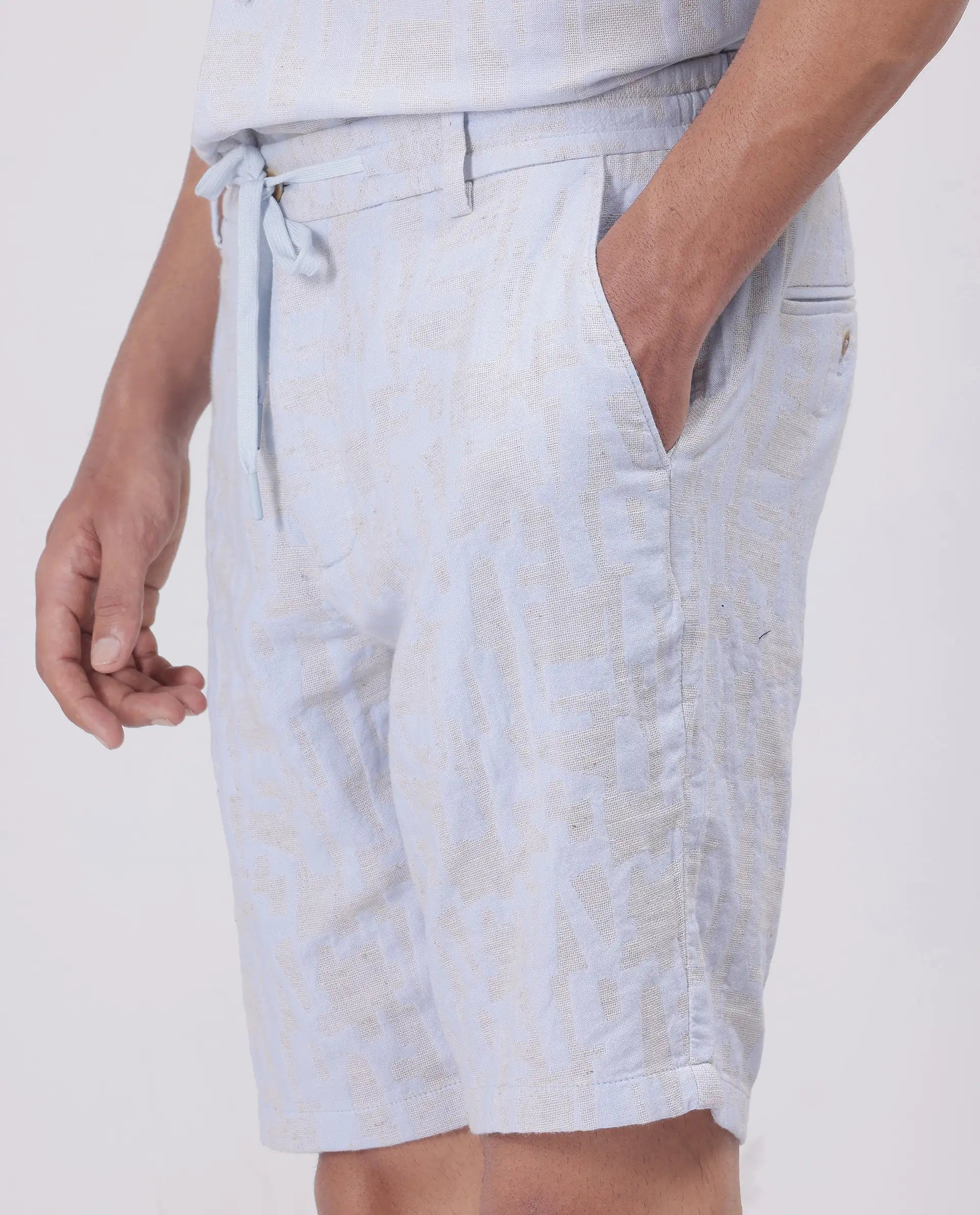 Rare Rabbit Men's Welks Pastel Blue Cotton Blend Jacquard Relaxed Fit Shorts