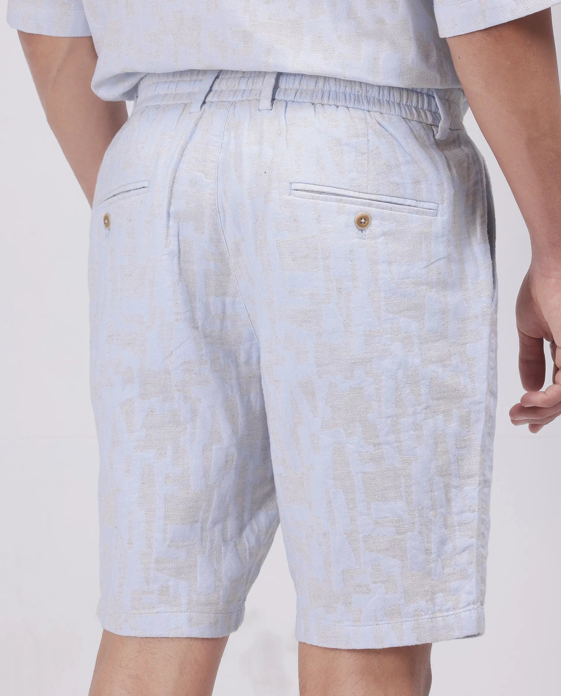 Rare Rabbit Men's Welks Pastel Blue Cotton Blend Jacquard Relaxed Fit Shorts