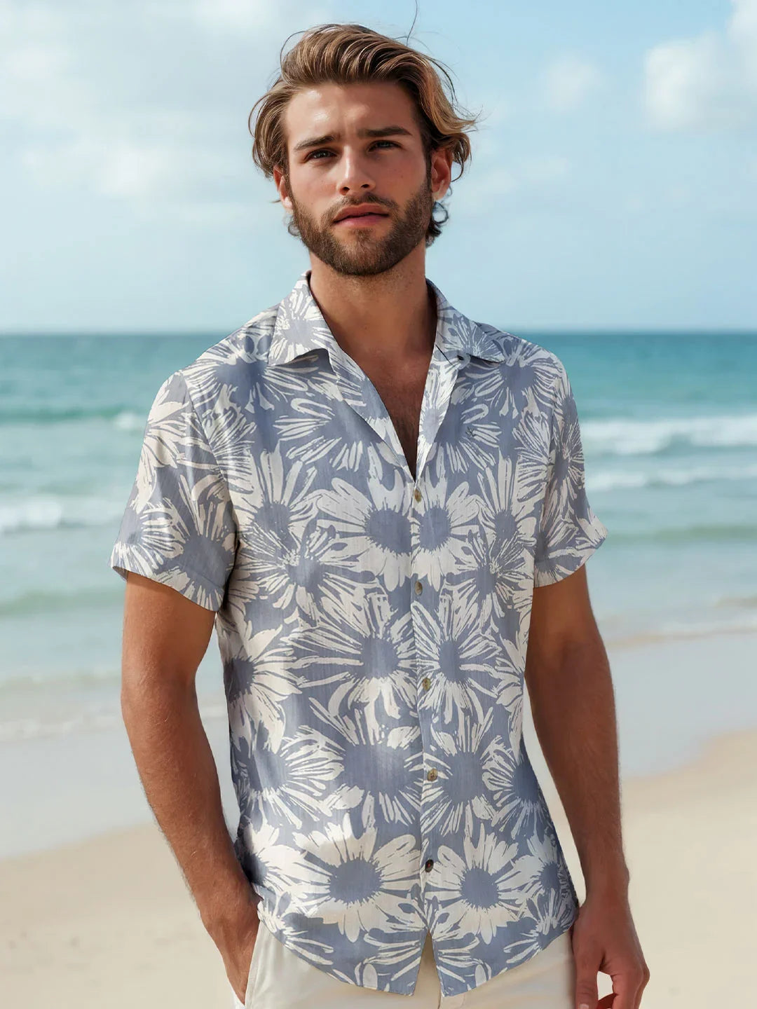 Floral AOP Viscose Slub Shirt | Blue