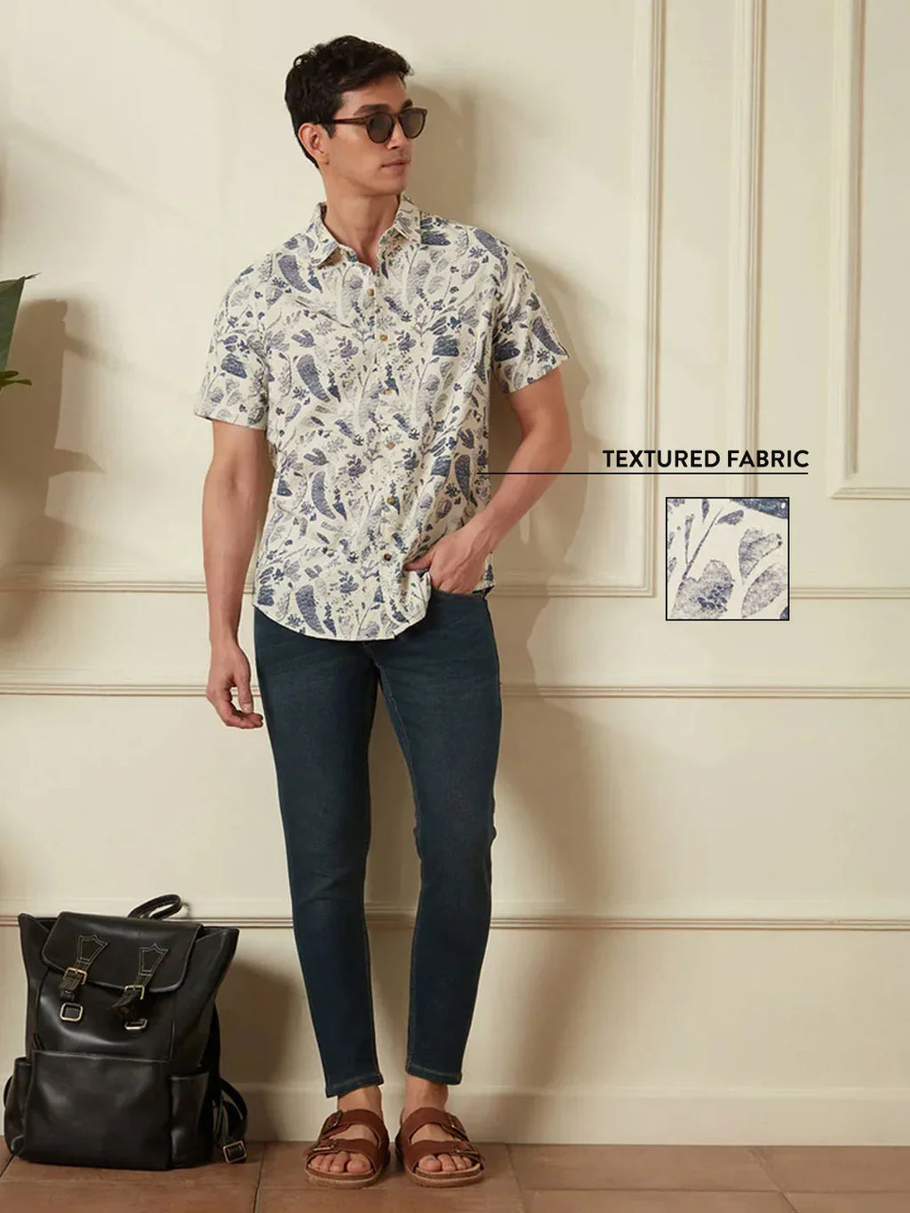 Textured Cotton Dobby AOP shirt | Navy Blue