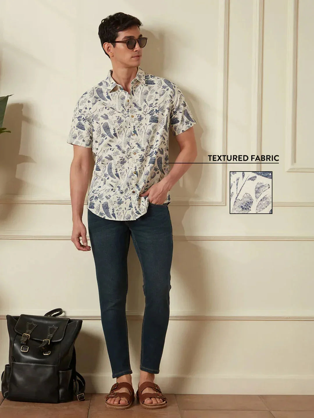 Textured Cotton Dobby AOP shirt | Navy Blue