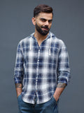 Casual Slim Fit Shadow Checkered Pattern Shirt  | Navy Blue
