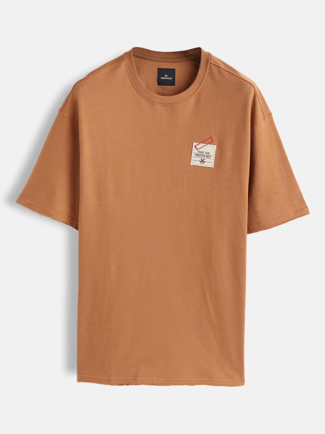 Solid Oversized T-Shirt With Printed Canvas Patch And Raw Edge Detail | Brown