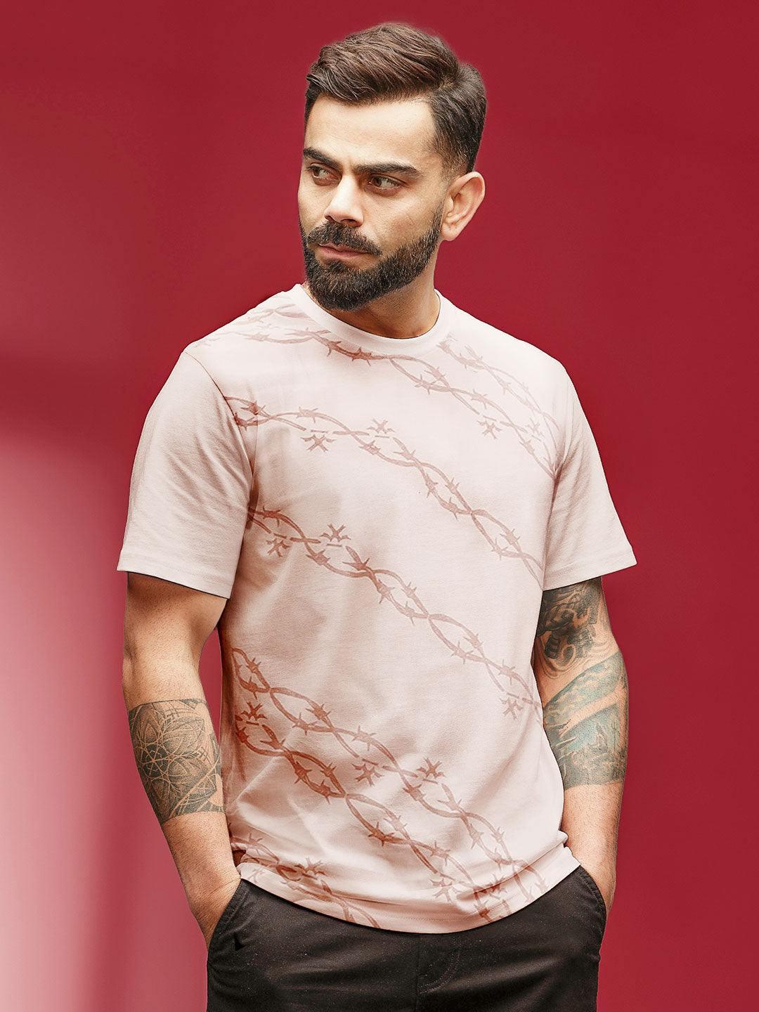 Barbed Wire AOP Slim Fit T-Shirt | Beige