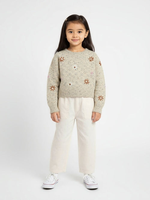 HOP Kids Beige Floral Embroidered Sweater