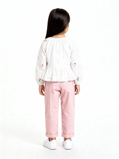 HOP Kids White Floral Embroidered Cotton Peplum Top