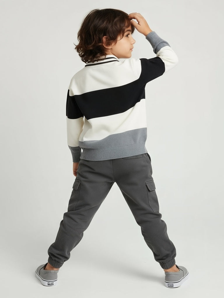 HOP Kids Black Colour-Blocked Cotton Polo Sweater