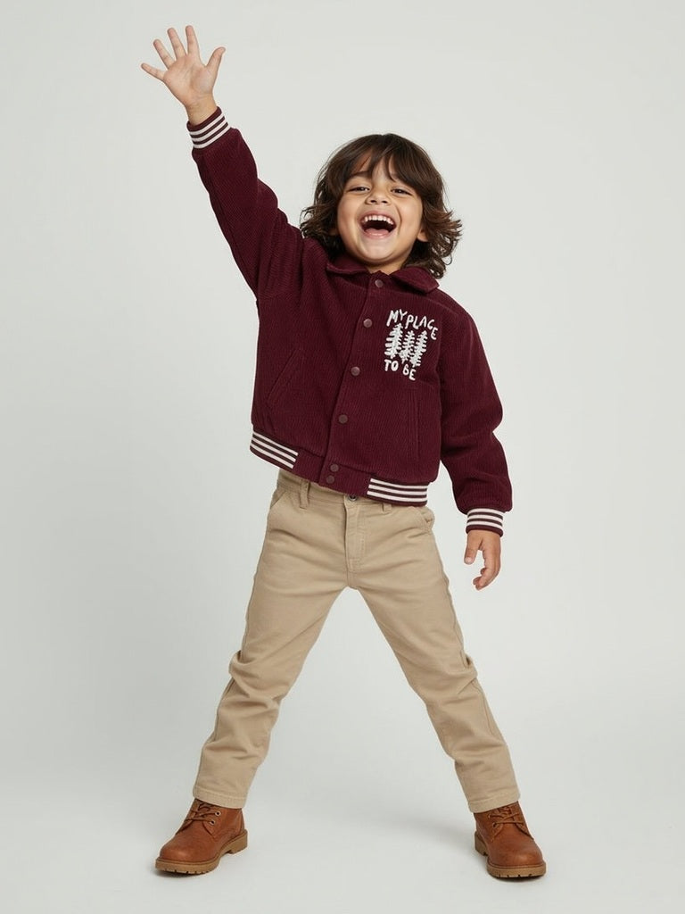 HOP Kids Wine Text Detailed Corduroy Cotton Jacket