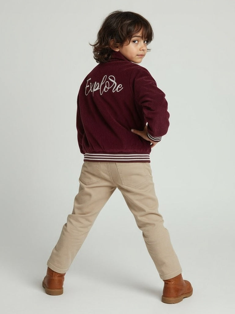 HOP Kids Wine Text Detailed Corduroy Cotton Jacket