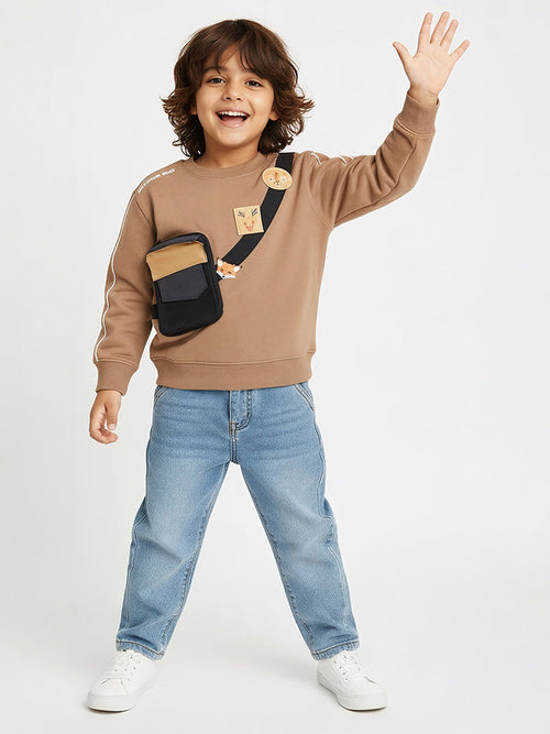 HOP Kids Brown Pouch Detailed Cotton-Blend Sweatshirt
