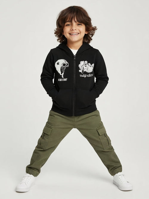 HOP Kids Black Printed Cotton-Blend Hooded Jacket