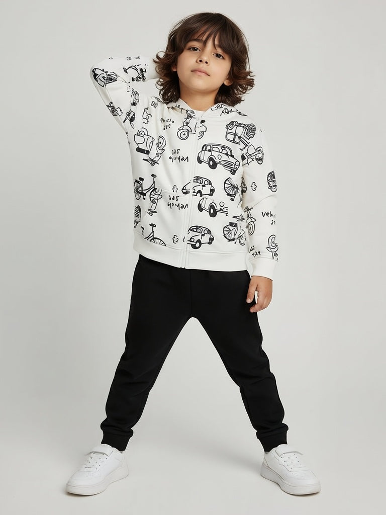 HOP Kids White Printed Cotton-Blend Hooded Jacket