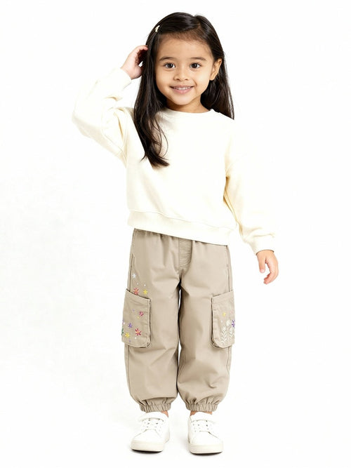 HOP Kids Beige Floral Embroidered Mid-Rise Cotton Joggers