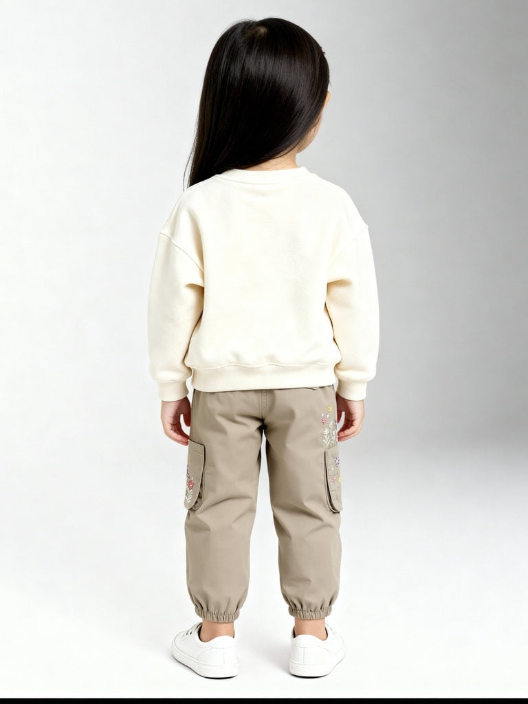 HOP Kids Beige Floral Embroidered Mid-Rise Cotton Joggers