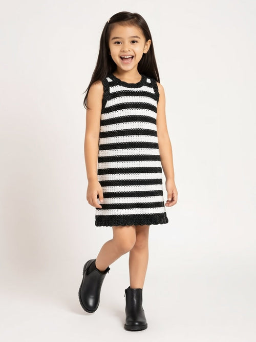 HOP Kids Black Striped Knit-Textured A-Line Dress