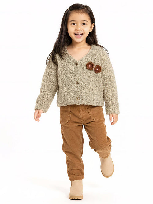 HOP Kids Beige Floral Detailed Fleece Cardigan
