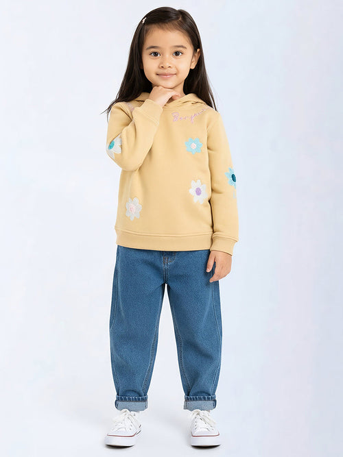 HOP Kids Mustard Floral Embroidered Cotton-Blend Hoodie